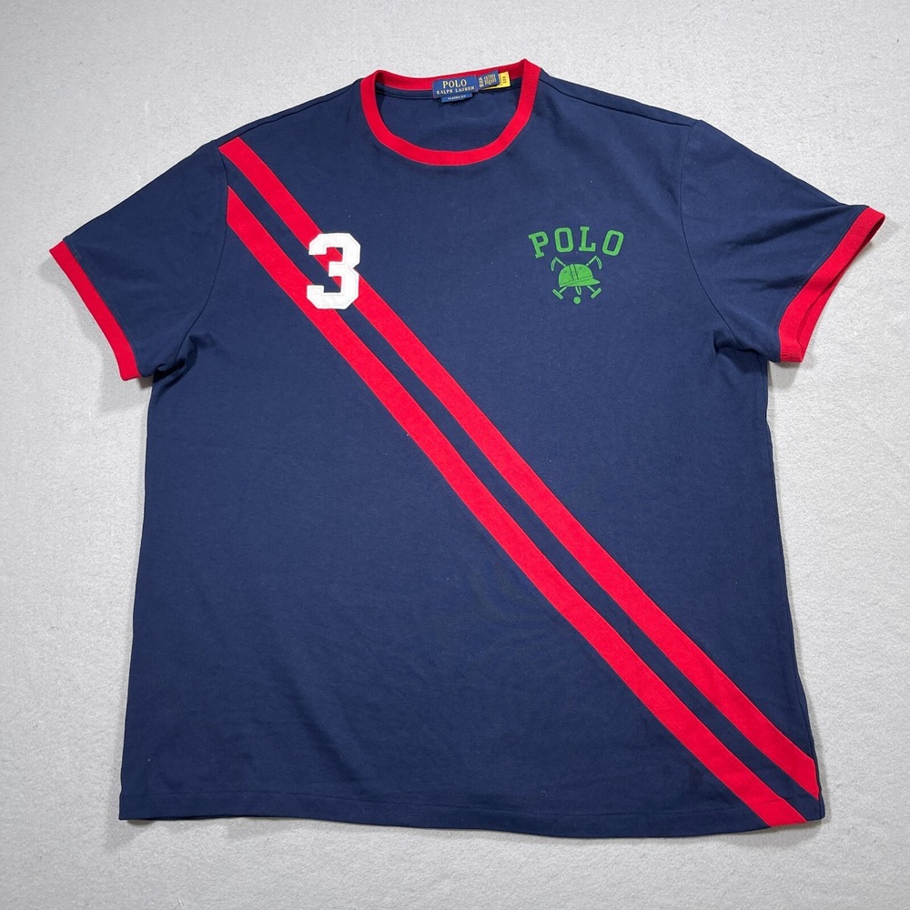 Polo Ralph Lauren T Shirt Men XL Classic Fit Navy Blue Red Stripe Ringer Preppy